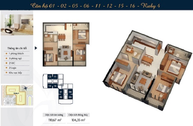 Mặt bằng căn hộ Ruby 4 Goldmark City